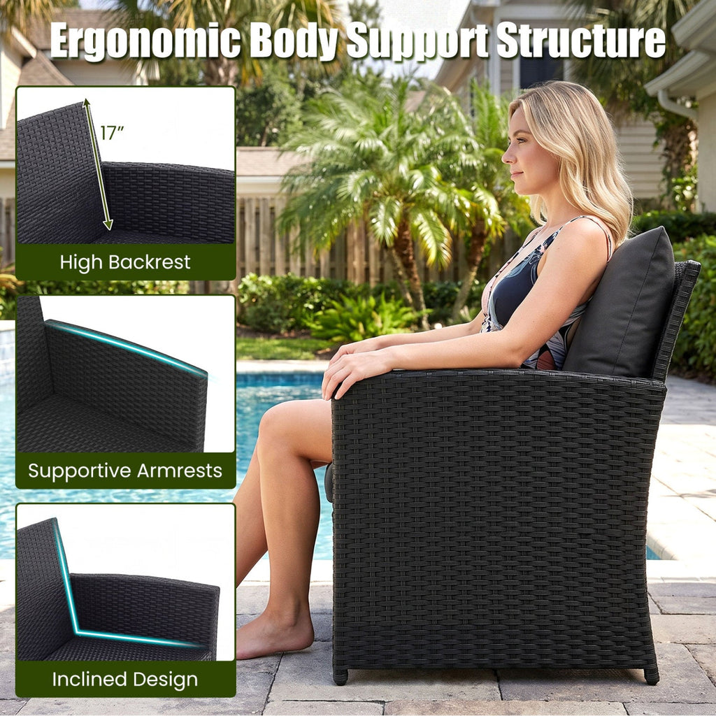 3 Piece Outdoor Wicker Loveseat Set, 41.5 in High Back Loveseat with 2 Multi Use Ottomans, Black Weave and Black Cushions