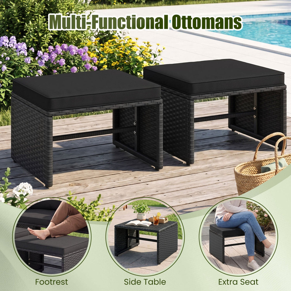 3 Piece Outdoor Wicker Loveseat Set, 41.5 in High Back Loveseat with 2 Multi Use Ottomans, Black Weave and Black Cushions