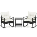 3 Piece Outdoor Rattan Rocking Chair Set, 2 Rockers Rated 400 lb with 4 in Cream Cushions and 2 Tier Side Table
