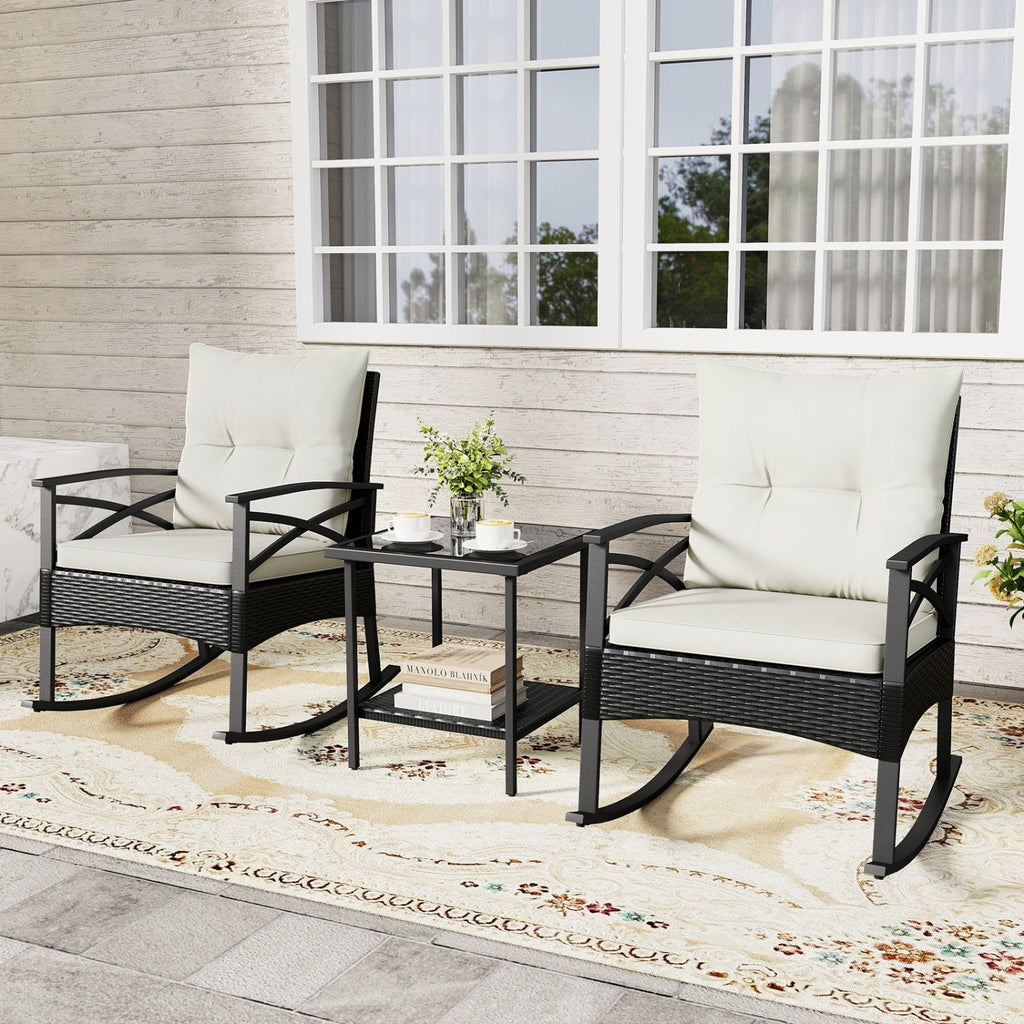 3 Piece Outdoor Rattan Rocking Chair Set, 2 Rockers Rated 400 lb with 4 in Cream Cushions and 2 Tier Side Table