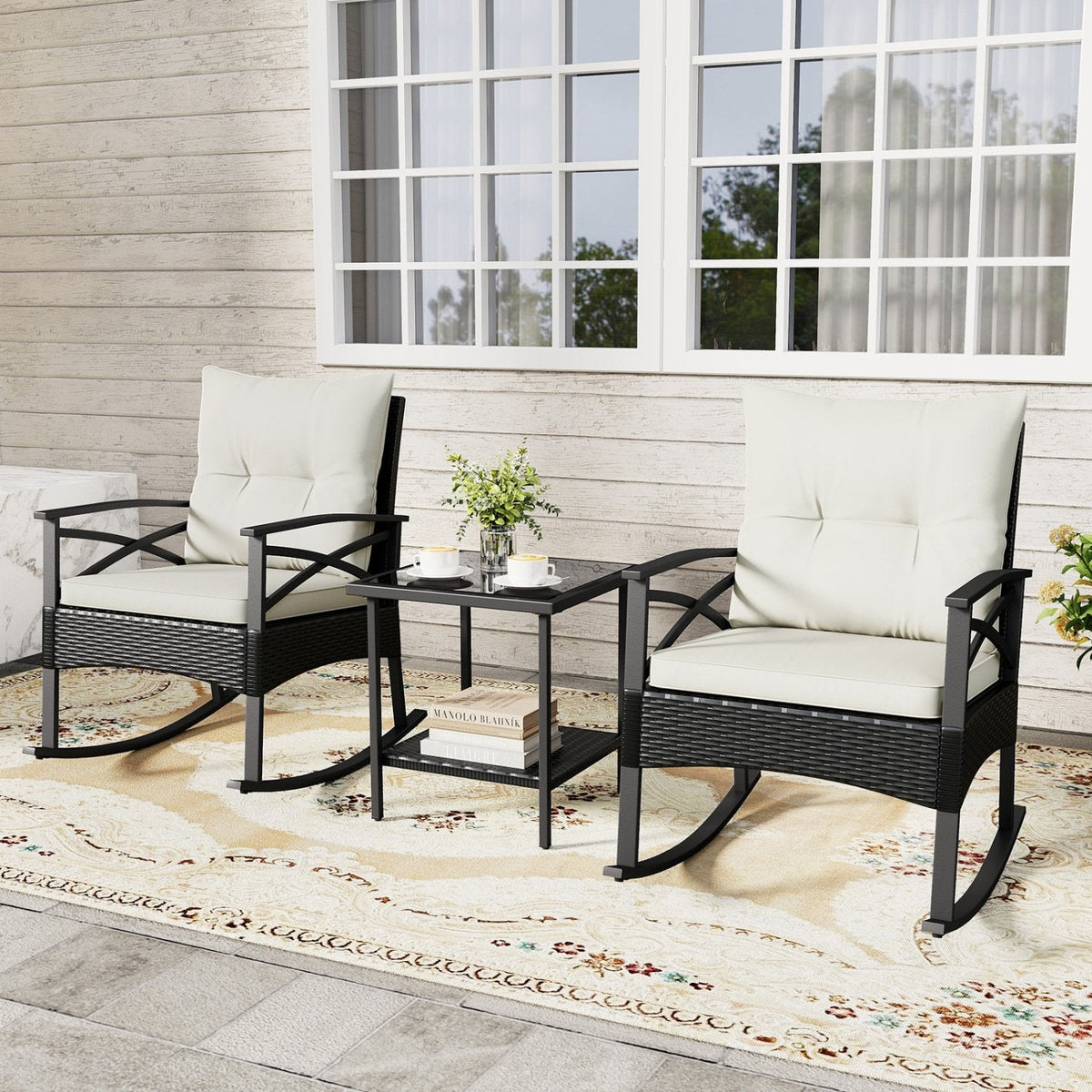 3 Piece Outdoor Rattan Rocking Chair Set, 2 Rockers Rated 400 lb with 4 in Cream Cushions and 2 Tier Side Table