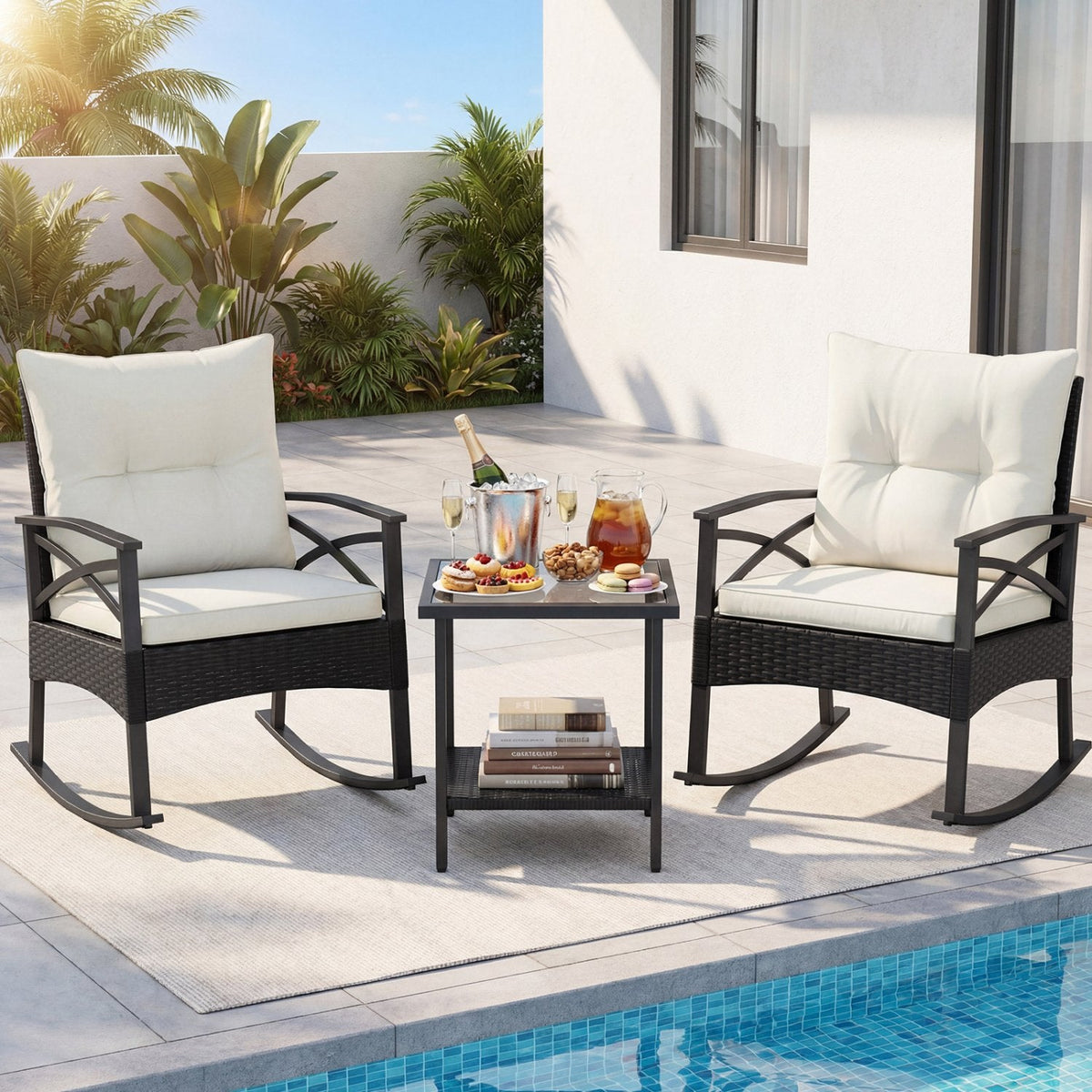 3 Piece Outdoor Rattan Rocking Chair Set, 2 Rockers Rated 400 lb with 4 in Cream Cushions and 2 Tier Side Table