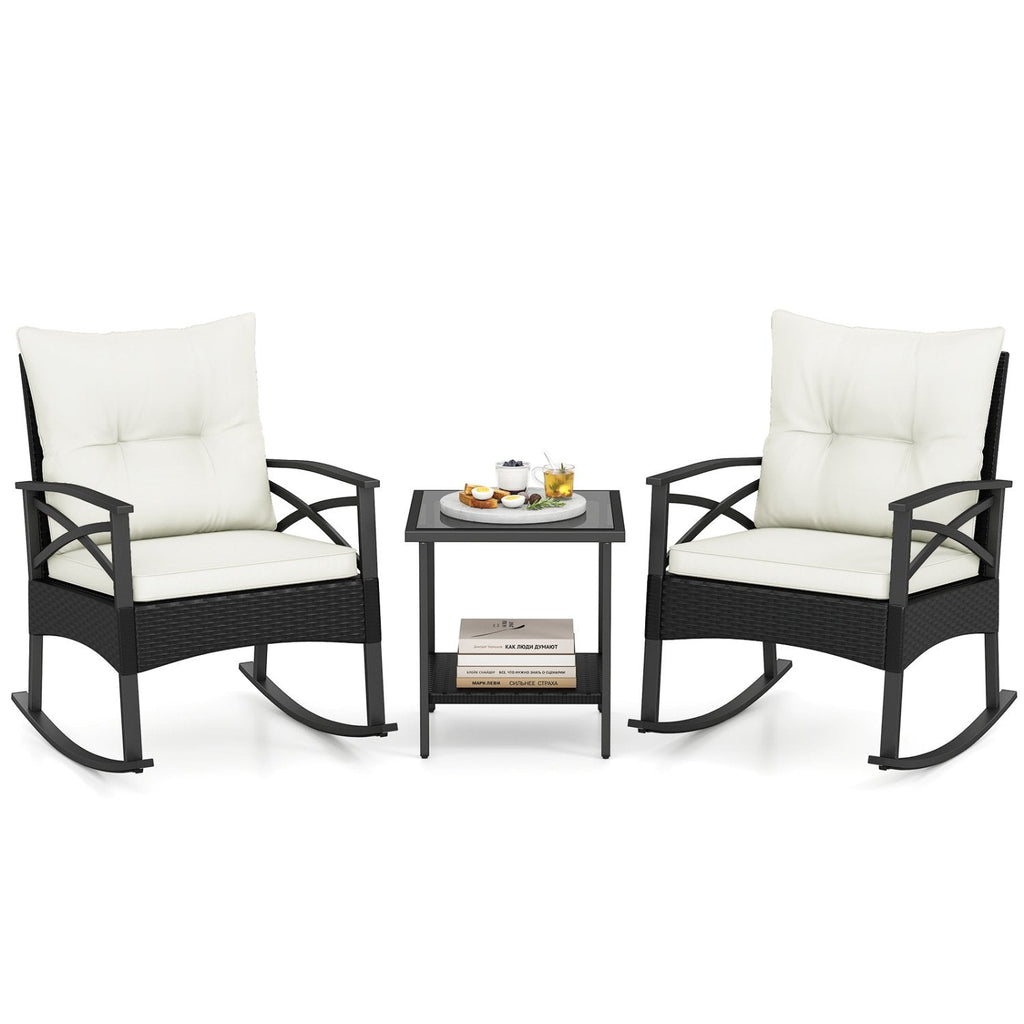 3 Piece Outdoor Rattan Rocking Chair Set, 2 Rockers Rated 400 lb with 4 in Cream Cushions and 2 Tier Side Table