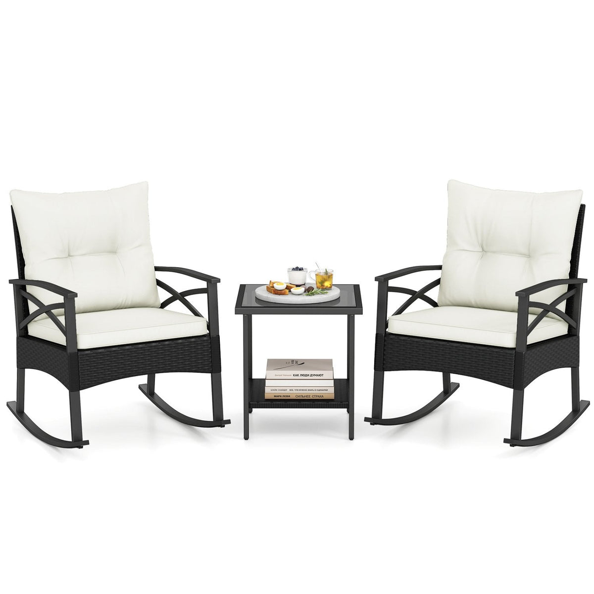 3 Piece Outdoor Rattan Rocking Chair Set, 2 Rockers Rated 400 lb with 4 in Cream Cushions and 2 Tier Side Table