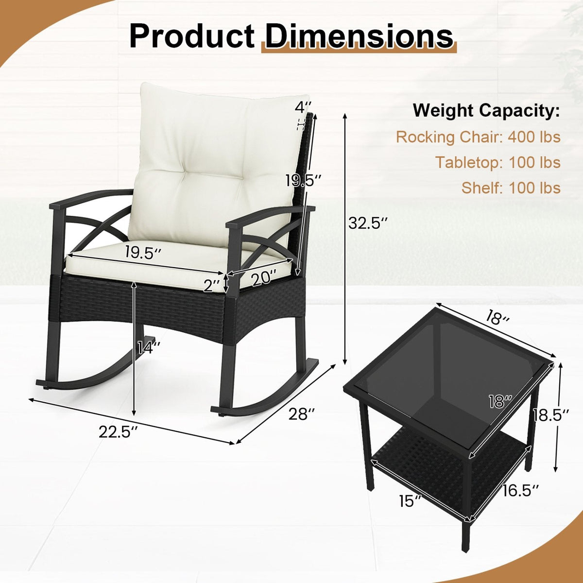 3 Piece Outdoor Rattan Rocking Chair Set, 2 Rockers Rated 400 lb with 4 in Cream Cushions and 2 Tier Side Table