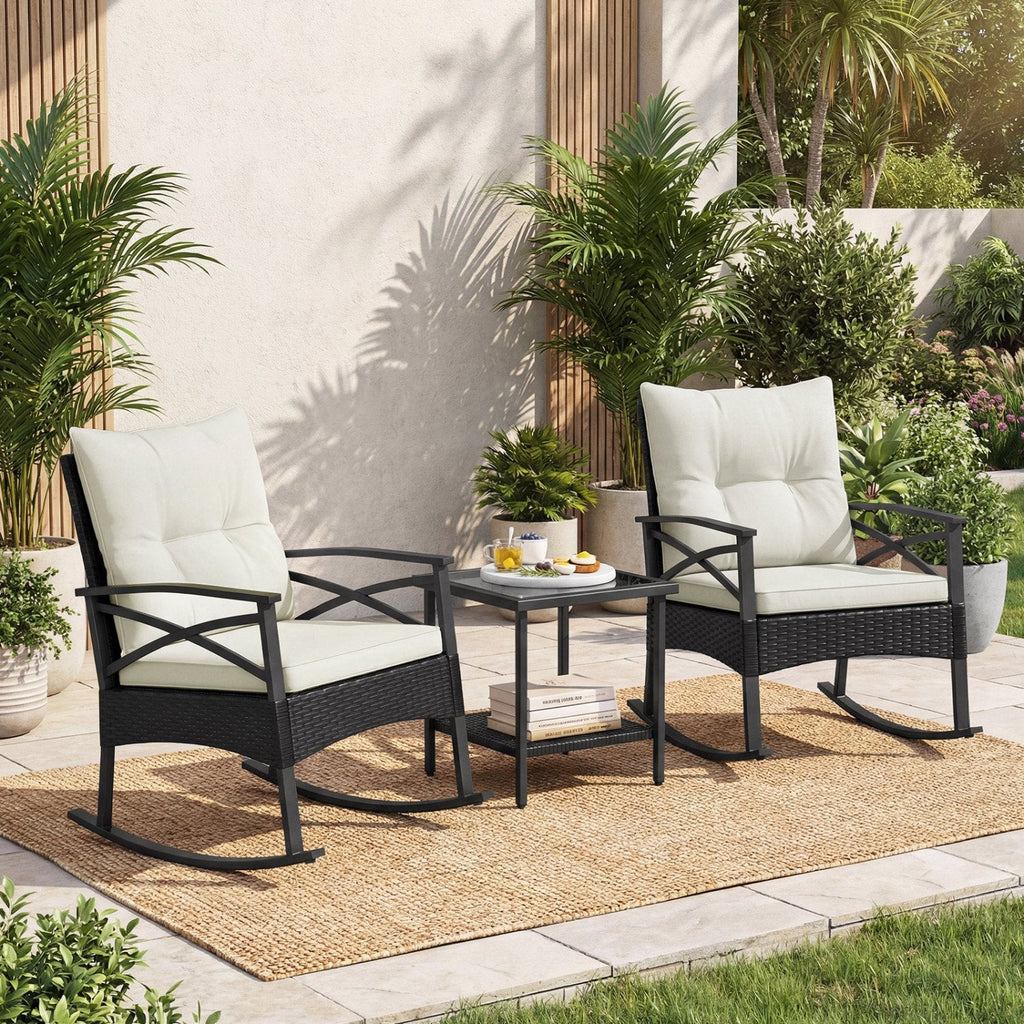 3 Piece Outdoor Rattan Rocking Chair Set, 2 Rockers Rated 400 lb with 4 in Cream Cushions and 2 Tier Side Table