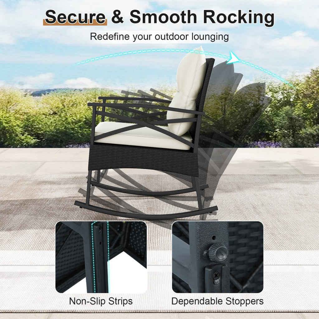 3 Piece Outdoor Rattan Rocking Chair Set, 2 Rockers Rated 400 lb with 4 in Cream Cushions and 2 Tier Side Table