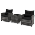 3 Piece Outdoor Wicker Conversation Set, 2 Sofas Rated 400 lb with Black Cushions and 18 in Table with a 5 mm Tempered Glass Top