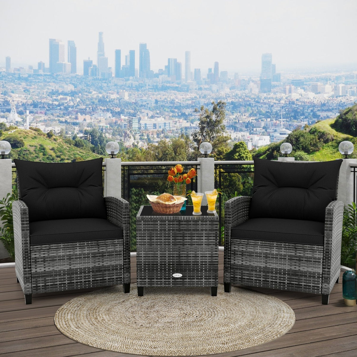 3 Piece Outdoor Wicker Conversation Set, 2 Sofas Rated 400 lb with Black Cushions and 18 in Table with a 5 mm Tempered Glass Top