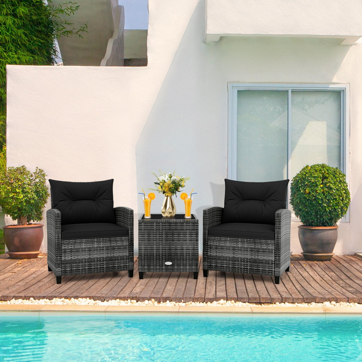 3 Piece Outdoor Wicker Conversation Set, 2 Sofas Rated 400 lb with Black Cushions and 18 in Table with a 5 mm Tempered Glass Top