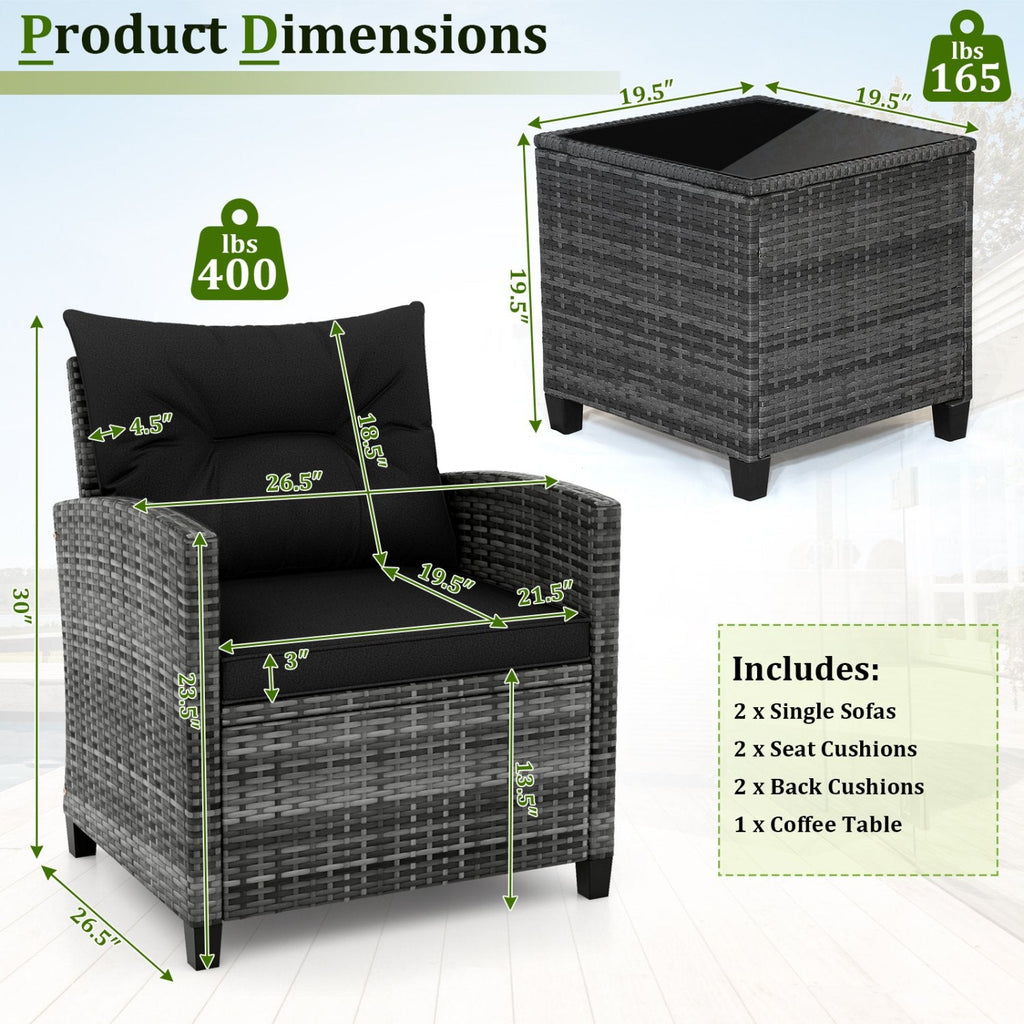 3 Piece Outdoor Wicker Conversation Set, 2 Sofas Rated 400 lb with Black Cushions and 18 in Table with a 5 mm Tempered Glass Top