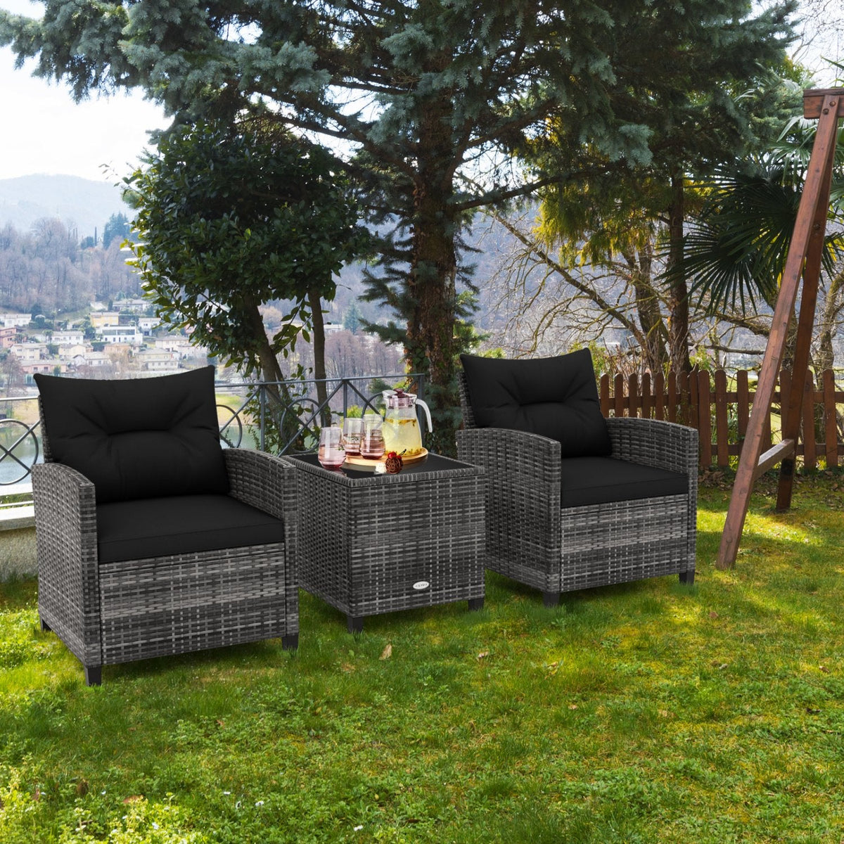 3 Piece Outdoor Wicker Conversation Set, 2 Sofas Rated 400 lb with Black Cushions and 18 in Table with a 5 mm Tempered Glass Top