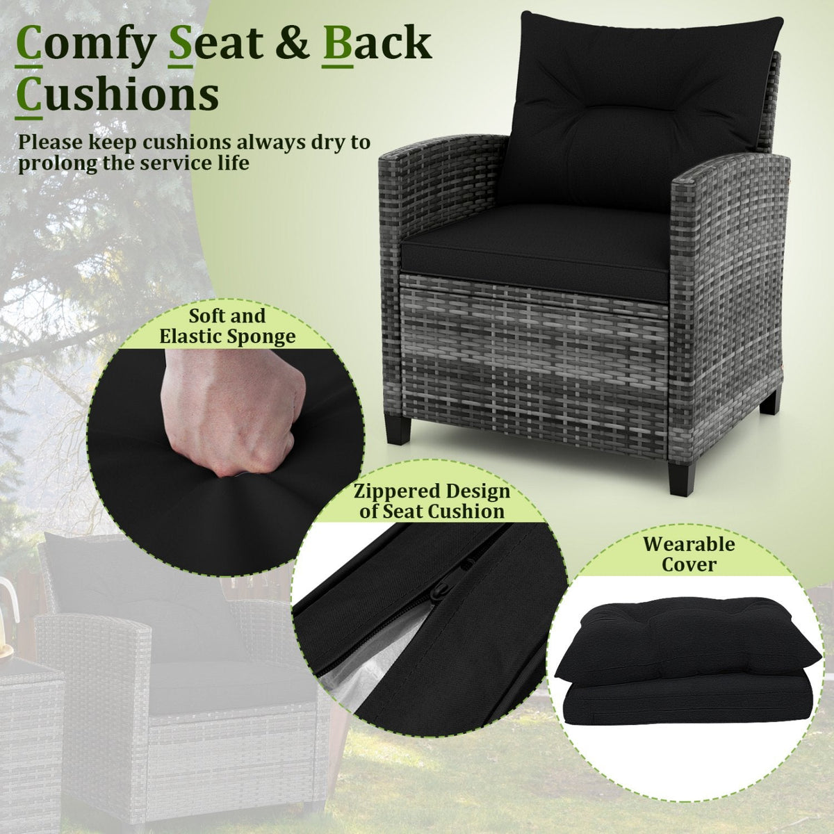 3 Piece Outdoor Wicker Conversation Set, 2 Sofas Rated 400 lb with Black Cushions and 18 in Table with a 5 mm Tempered Glass Top