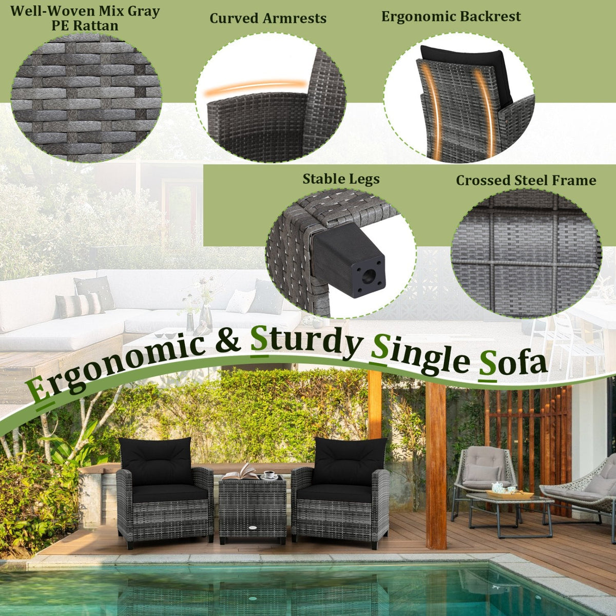 3 Piece Outdoor Wicker Conversation Set, 2 Sofas Rated 400 lb with Black Cushions and 18 in Table with a 5 mm Tempered Glass Top