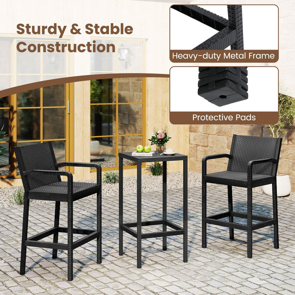 3 Pieces Patio Bar Set with 2 Stools and 1 Bar Table-Black