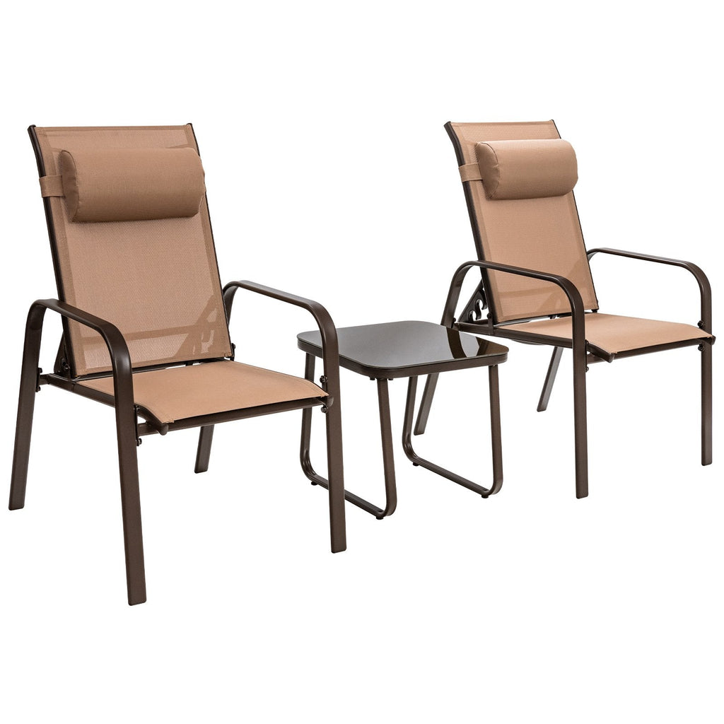 3 Piece Patio Bistro Set, 2 Stackable Reclining Chairs Rated 330 lb with Foldable Backrests, Lumbar Pillows and Glass Top Table, Coffee