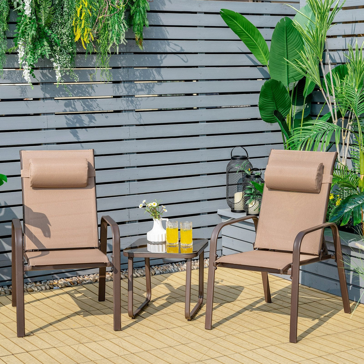 3 Piece Patio Bistro Set, 2 Stackable Reclining Chairs Rated 330 lb with Foldable Backrests, Lumbar Pillows and Glass Top Table, Coffee