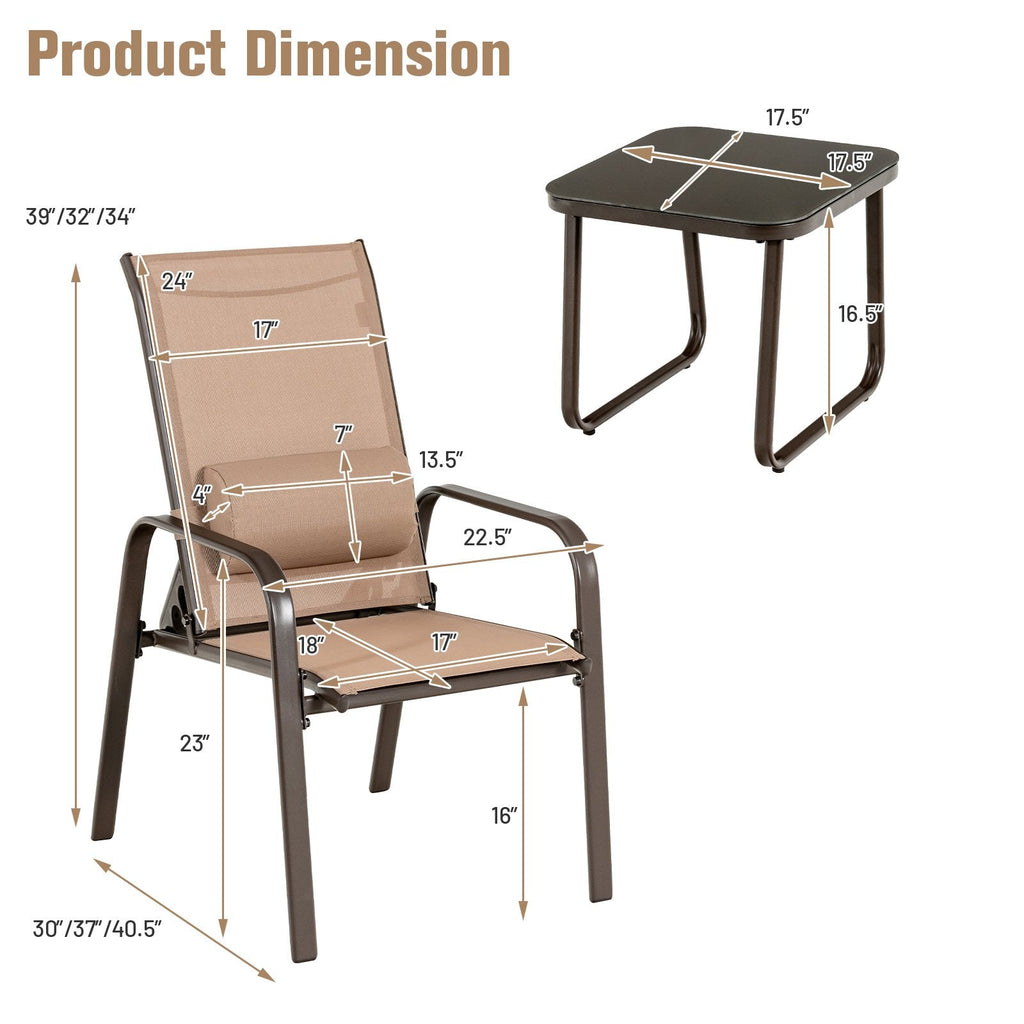 3 Piece Patio Bistro Set, 2 Stackable Reclining Chairs Rated 330 lb with Foldable Backrests, Lumbar Pillows and Glass Top Table, Coffee