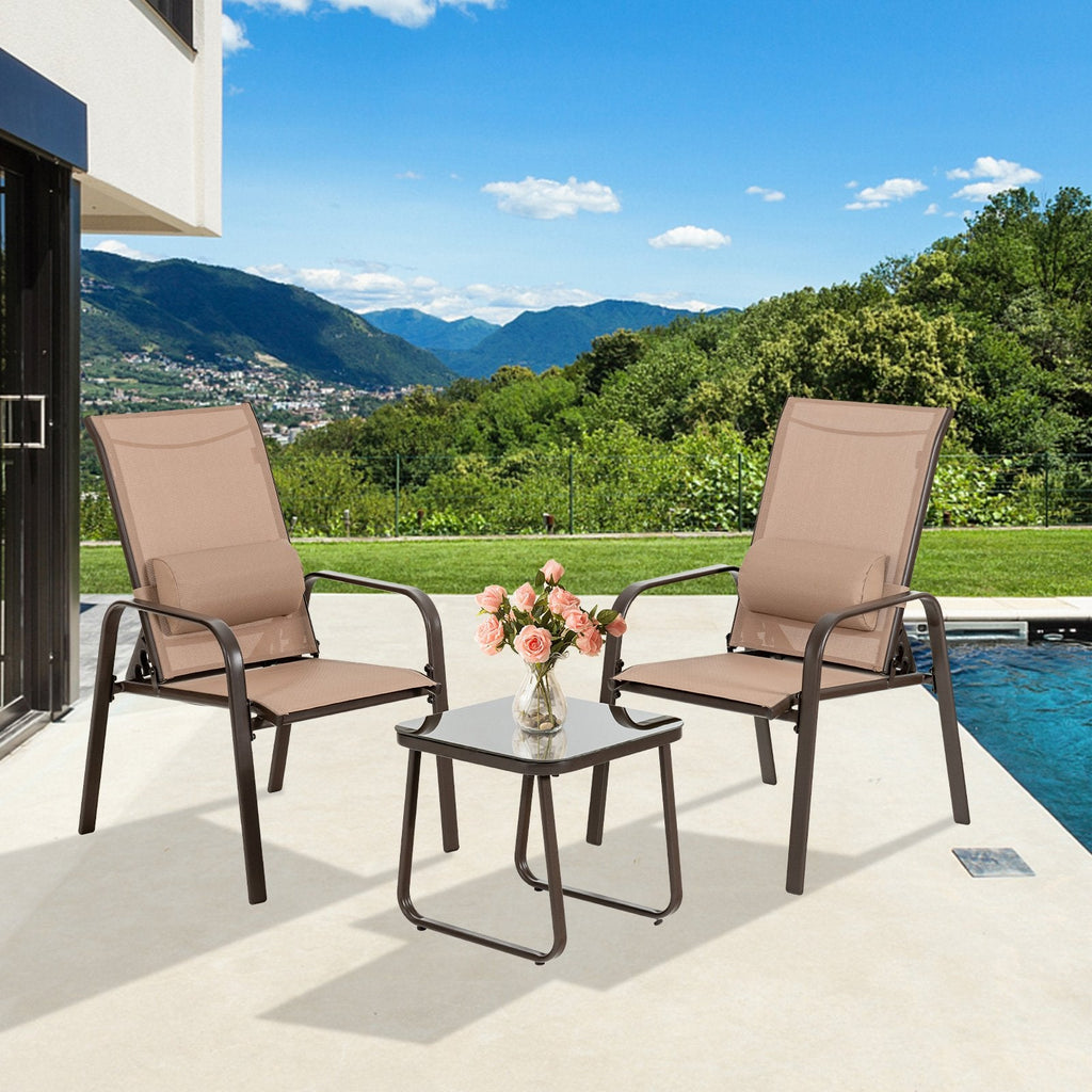 3 Piece Patio Bistro Set, 2 Stackable Reclining Chairs Rated 330 lb with Foldable Backrests, Lumbar Pillows and Glass Top Table, Coffee