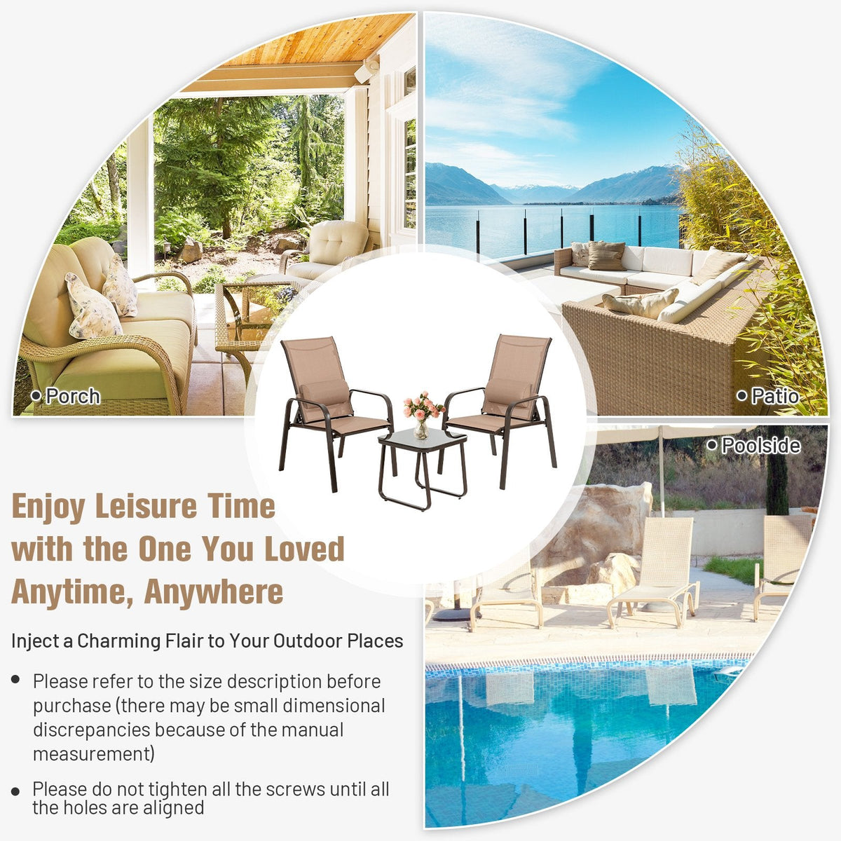 3 Piece Patio Bistro Set, 2 Stackable Reclining Chairs Rated 330 lb with Foldable Backrests, Lumbar Pillows and Glass Top Table, Coffee