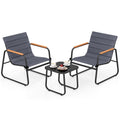 3 Piece Patio Bistro Set, 2 Sling Chairs Rated 330 lb with Removable Cushions, Wood Plastic Armrests and Glass Top Side Table, Grey