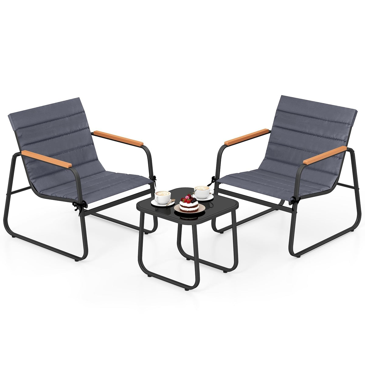 3 Piece Patio Bistro Set, 2 Sling Chairs Rated 330 lb with Removable Cushions, Wood Plastic Armrests and Glass Top Side Table, Grey