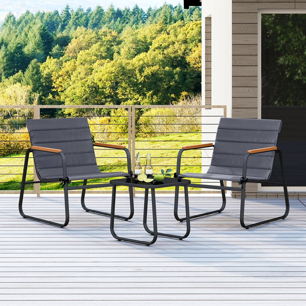 3 Piece Patio Bistro Set, 2 Sling Chairs Rated 330 lb with Removable Cushions, Wood Plastic Armrests and Glass Top Side Table, Grey