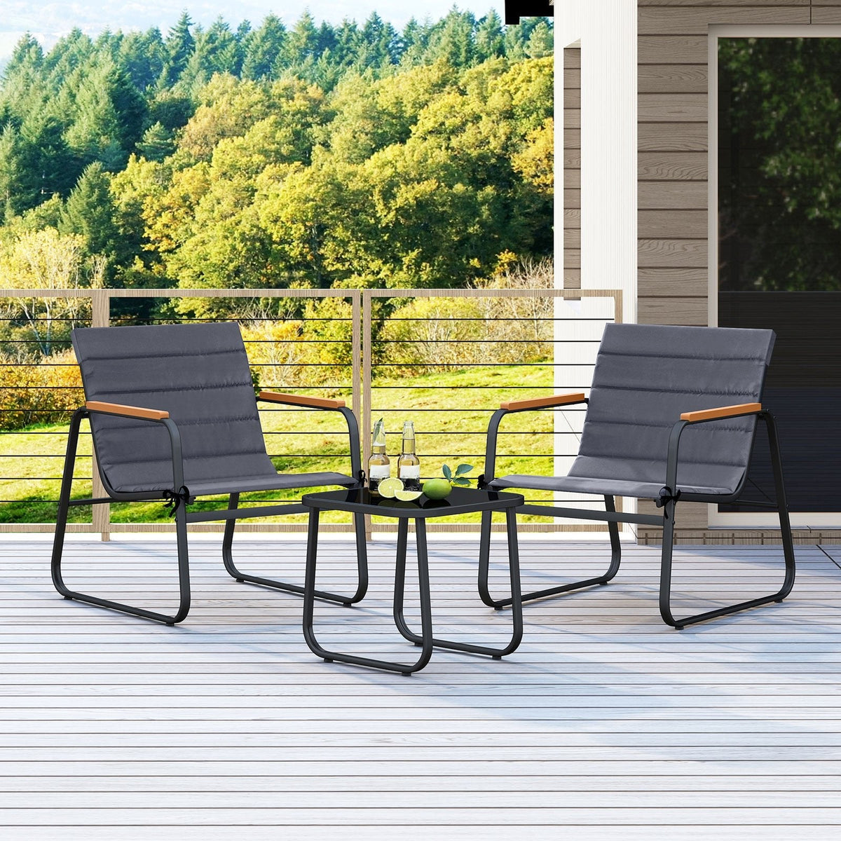 3 Piece Patio Bistro Set, 2 Sling Chairs Rated 330 lb with Removable Cushions, Wood Plastic Armrests and Glass Top Side Table, Grey