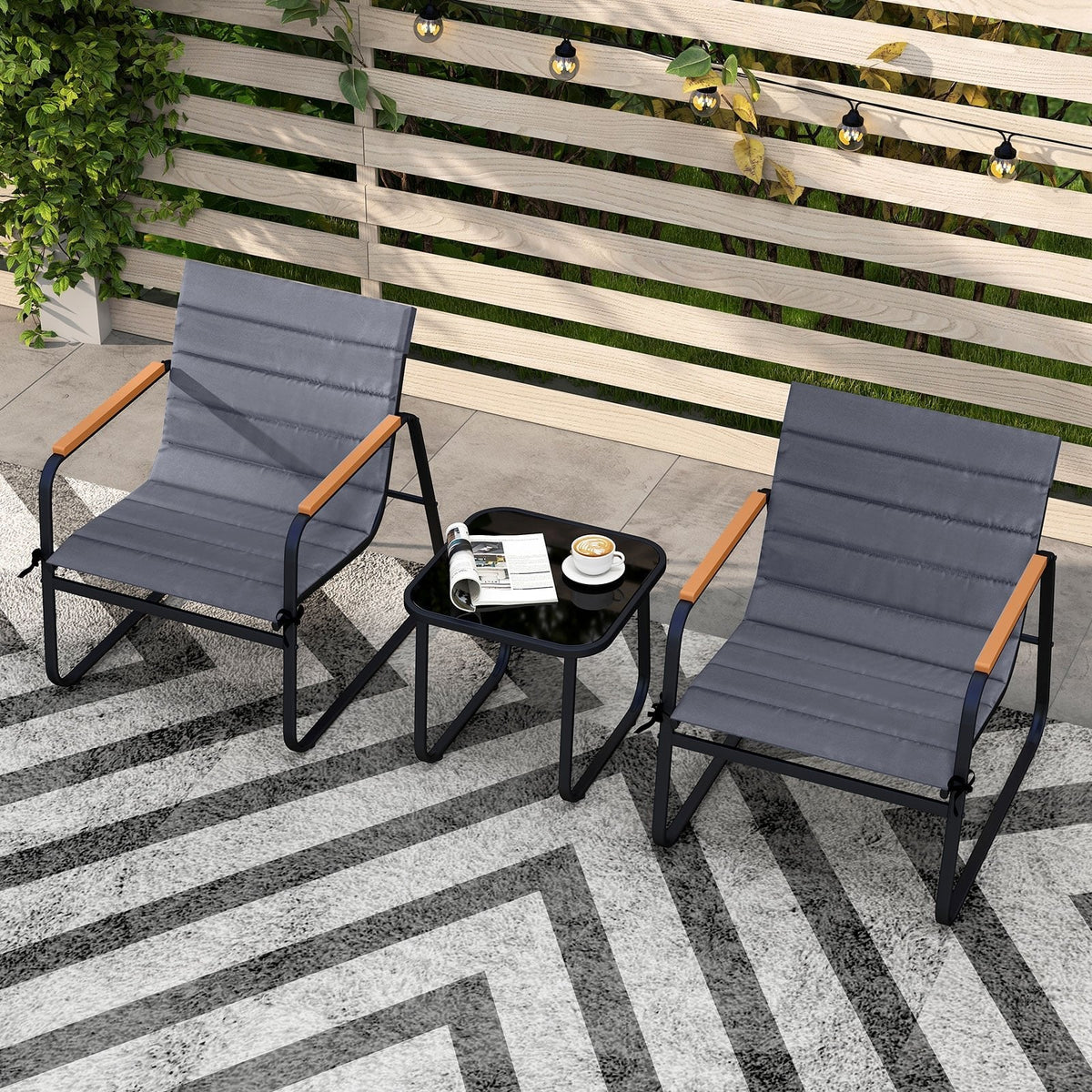 3 Piece Patio Bistro Set, 2 Sling Chairs Rated 330 lb with Removable Cushions, Wood Plastic Armrests and Glass Top Side Table, Grey