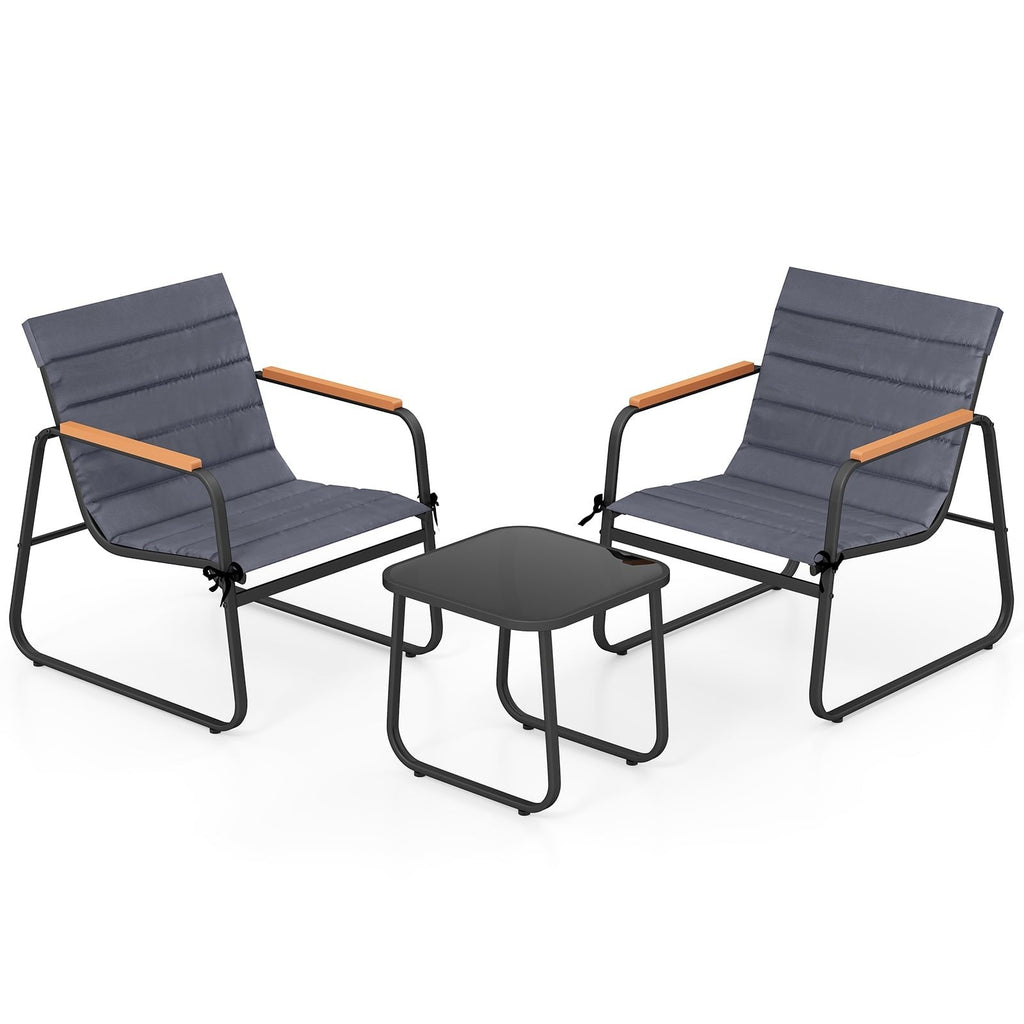 3 Piece Patio Bistro Set, 2 Sling Chairs Rated 330 lb with Removable Cushions, Wood Plastic Armrests and Glass Top Side Table, Grey