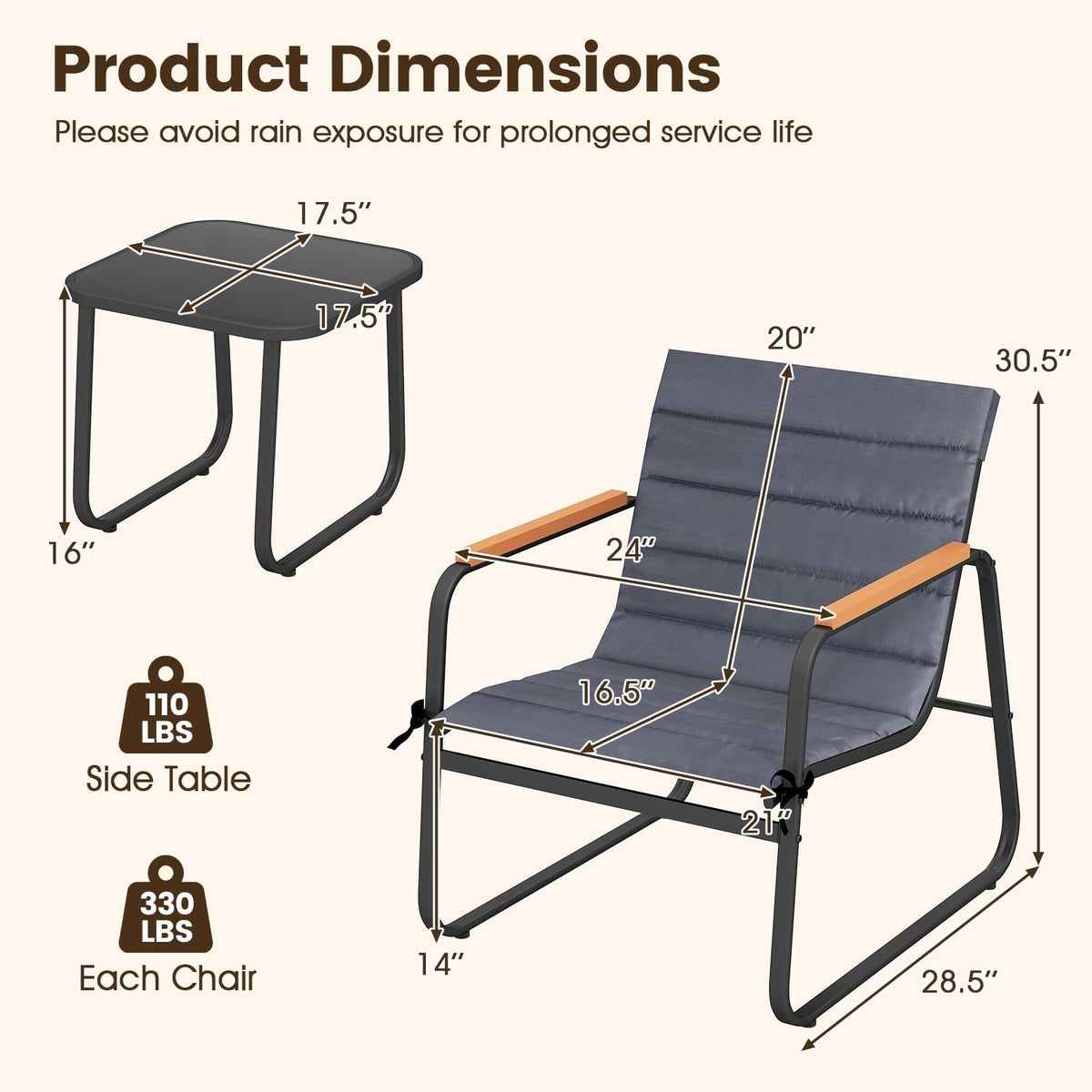 3 Piece Patio Bistro Set, 2 Sling Chairs Rated 330 lb with Removable Cushions, Wood Plastic Armrests and Glass Top Side Table, Grey