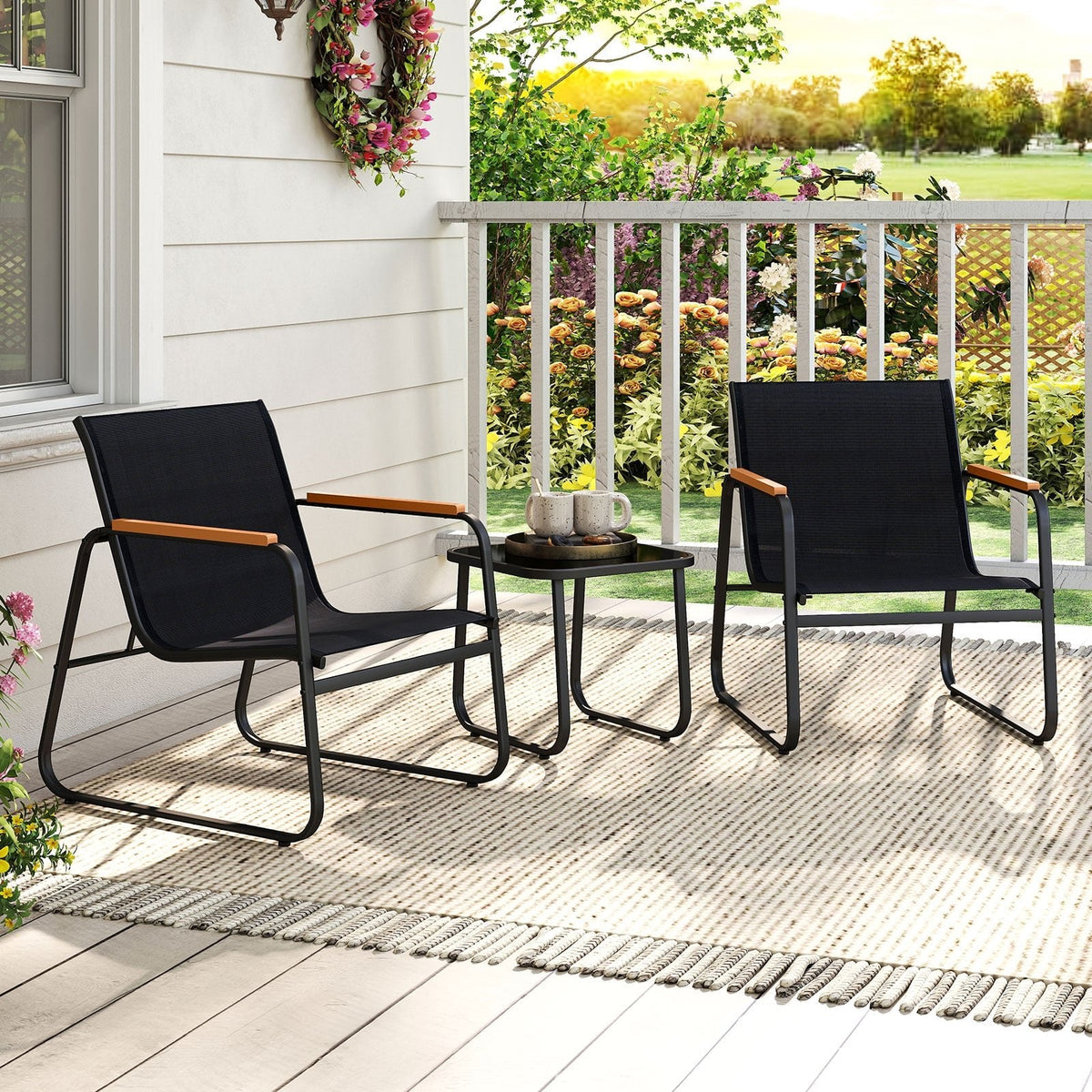 3 Piece Patio Bistro Set, 2 Sling Chairs Rated 330 lb with Removable Cushions, Wood Plastic Armrests and Glass Top Side Table, Grey