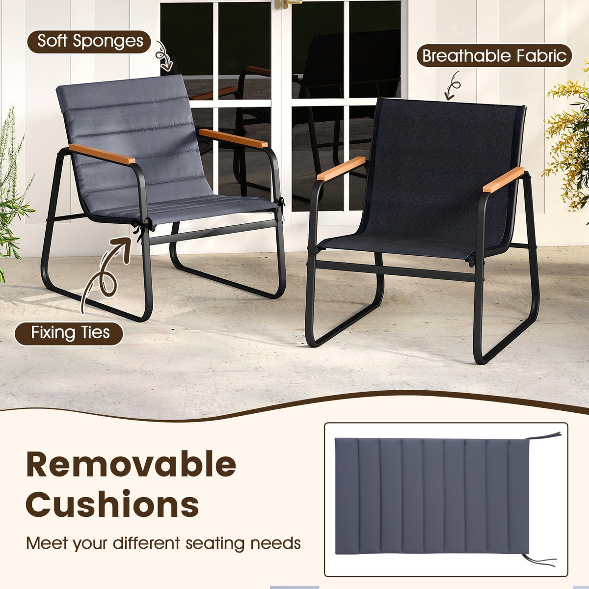 3 Piece Patio Bistro Set, 2 Sling Chairs Rated 330 lb with Removable Cushions, Wood Plastic Armrests and Glass Top Side Table, Grey