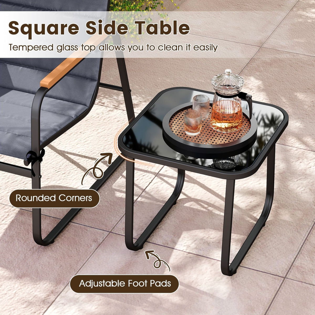 3 Piece Patio Bistro Set, 2 Sling Chairs Rated 330 lb with Removable Cushions, Wood Plastic Armrests and Glass Top Side Table, Grey