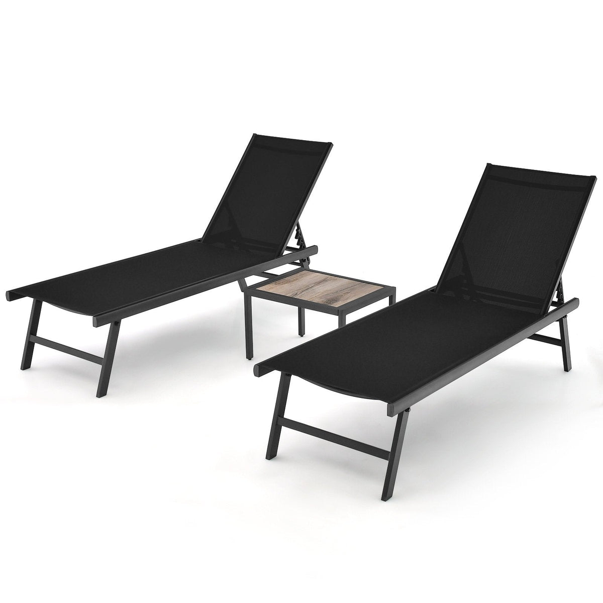 3 Pieces Patio Chaise Lounge Chair and Table Set for Poolside Yard-Black