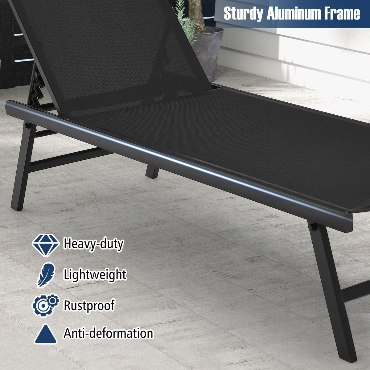 3 Pieces Patio Chaise Lounge Chair and Table Set for Poolside Yard-Black