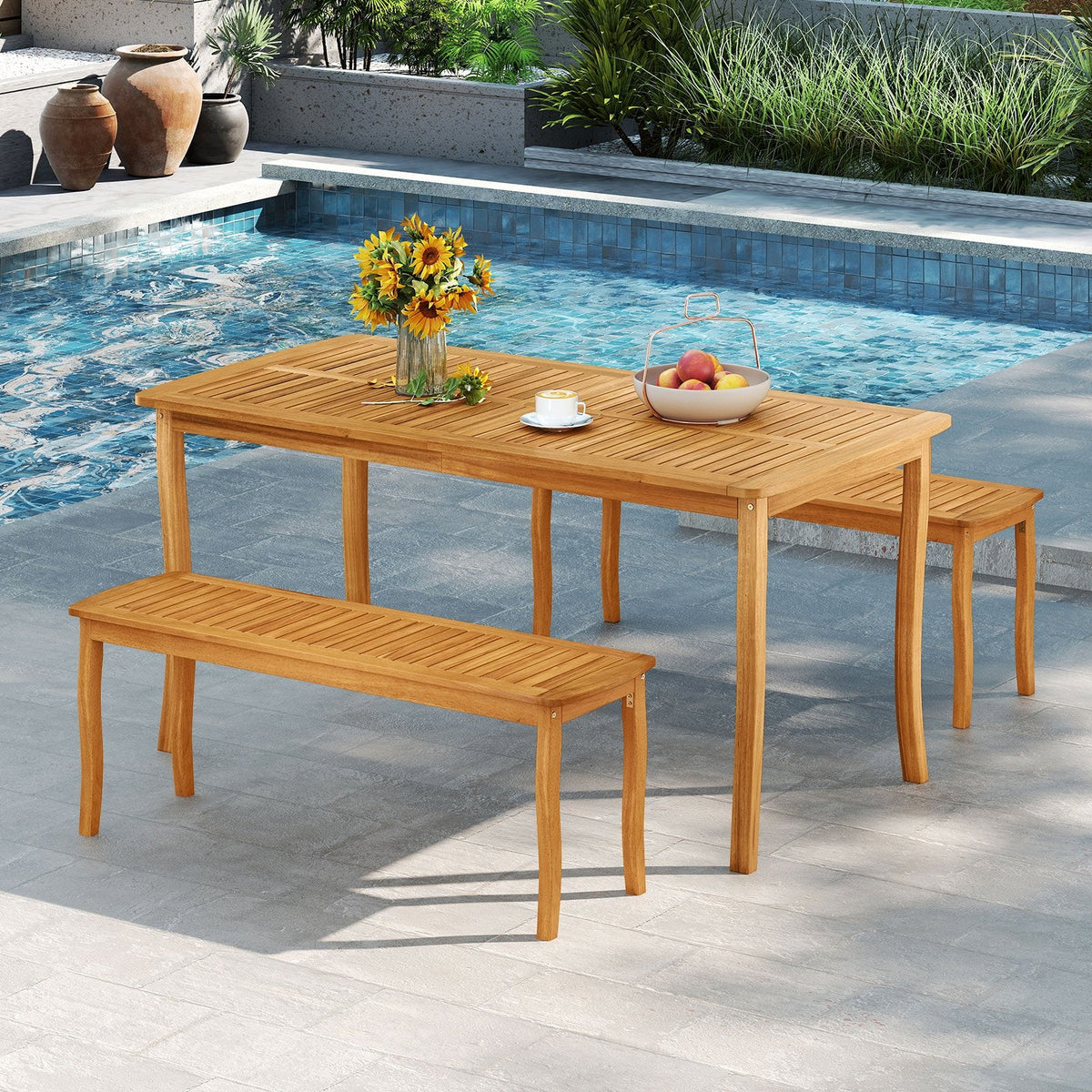 3 Piece Acacia Patio Dining Set, 63 Inch Slatted Table with Covered 1.97 Inch Umbrella Hole and 2 Benches