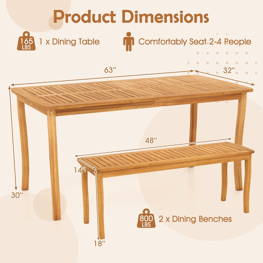 3 Piece Acacia Patio Dining Set, 63 Inch Slatted Table with Covered 1.97 Inch Umbrella Hole and 2 Benches