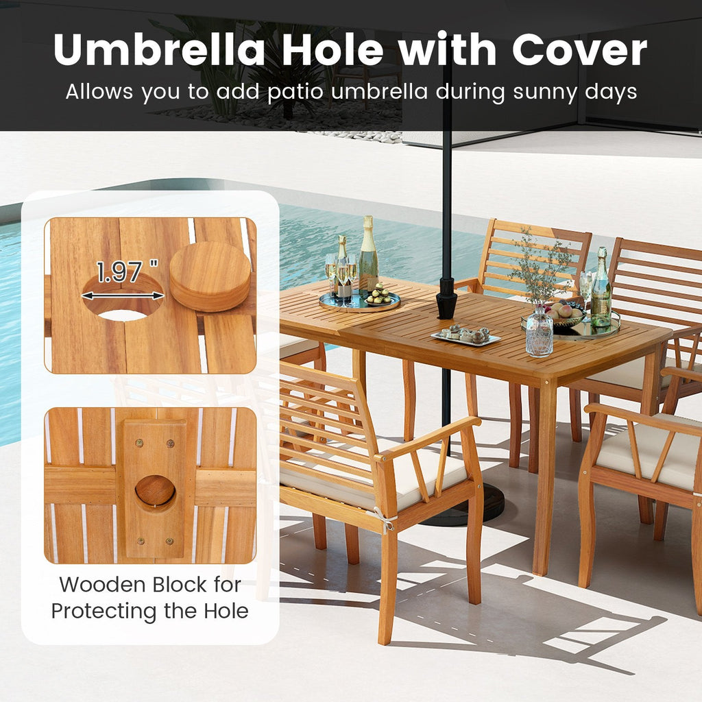 3 Piece Acacia Patio Dining Set, 63 Inch Slatted Table with Covered 1.97 Inch Umbrella Hole and 2 Benches