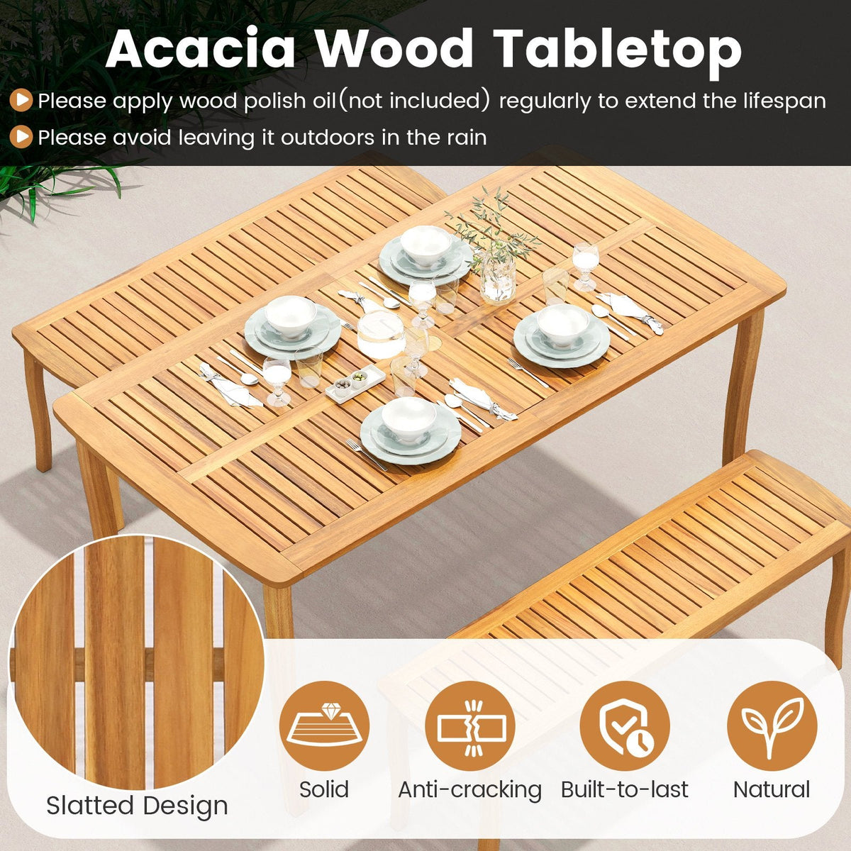 3 Piece Acacia Patio Dining Set, 63 Inch Slatted Table with Covered 1.97 Inch Umbrella Hole and 2 Benches