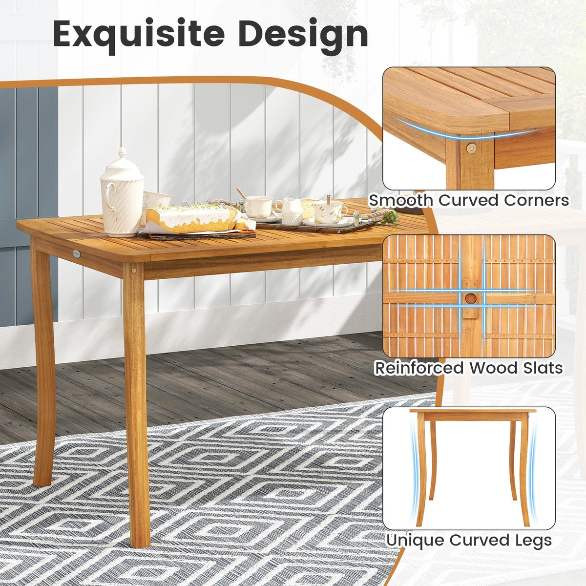 3 Piece Acacia Patio Dining Set, 63 Inch Slatted Table with Covered 1.97 Inch Umbrella Hole and 2 Benches