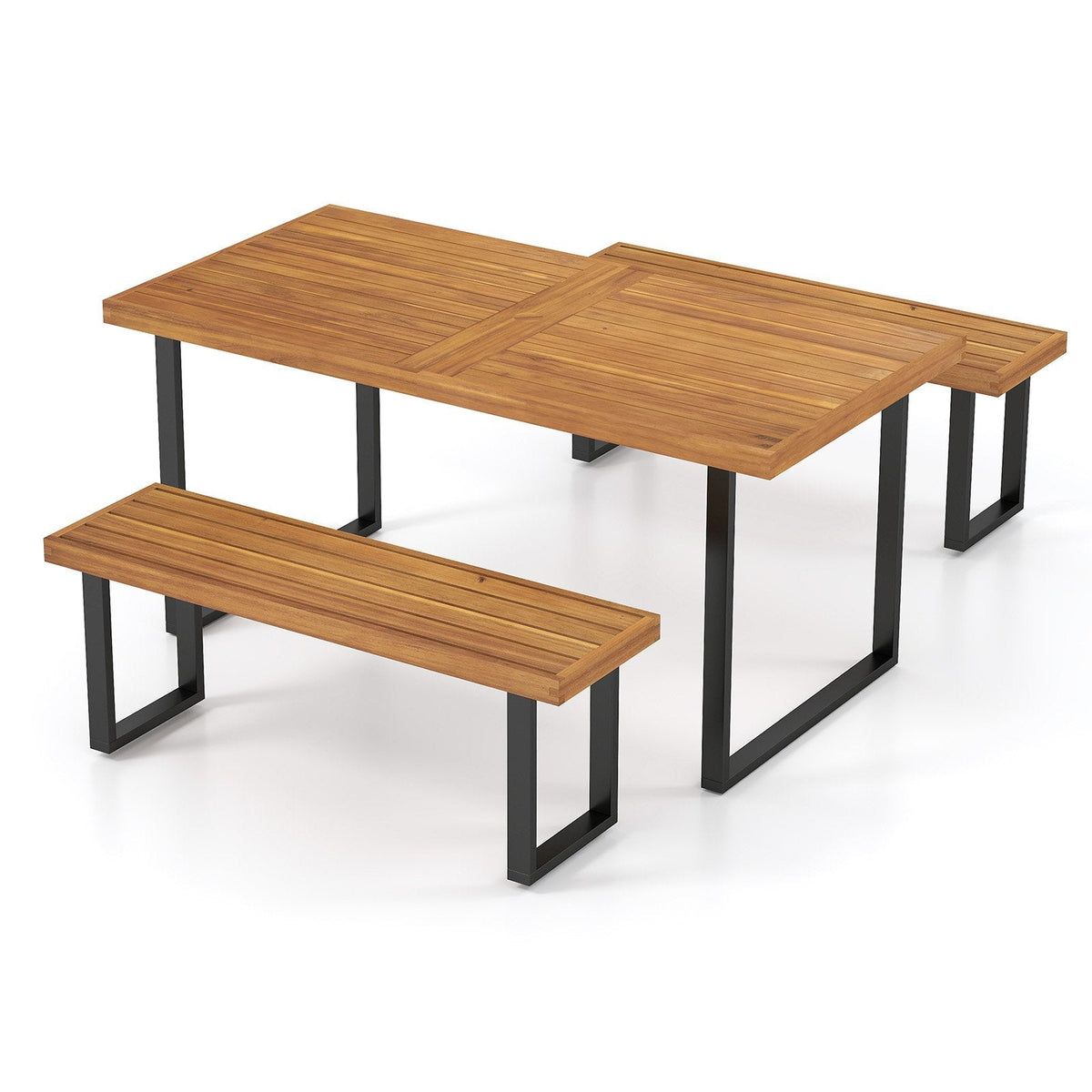 3 Piece Patio Dining Set, 63 Inch Acacia Table on U Shaped Metal Legs with 2 Backless Benches Rated 800 lb