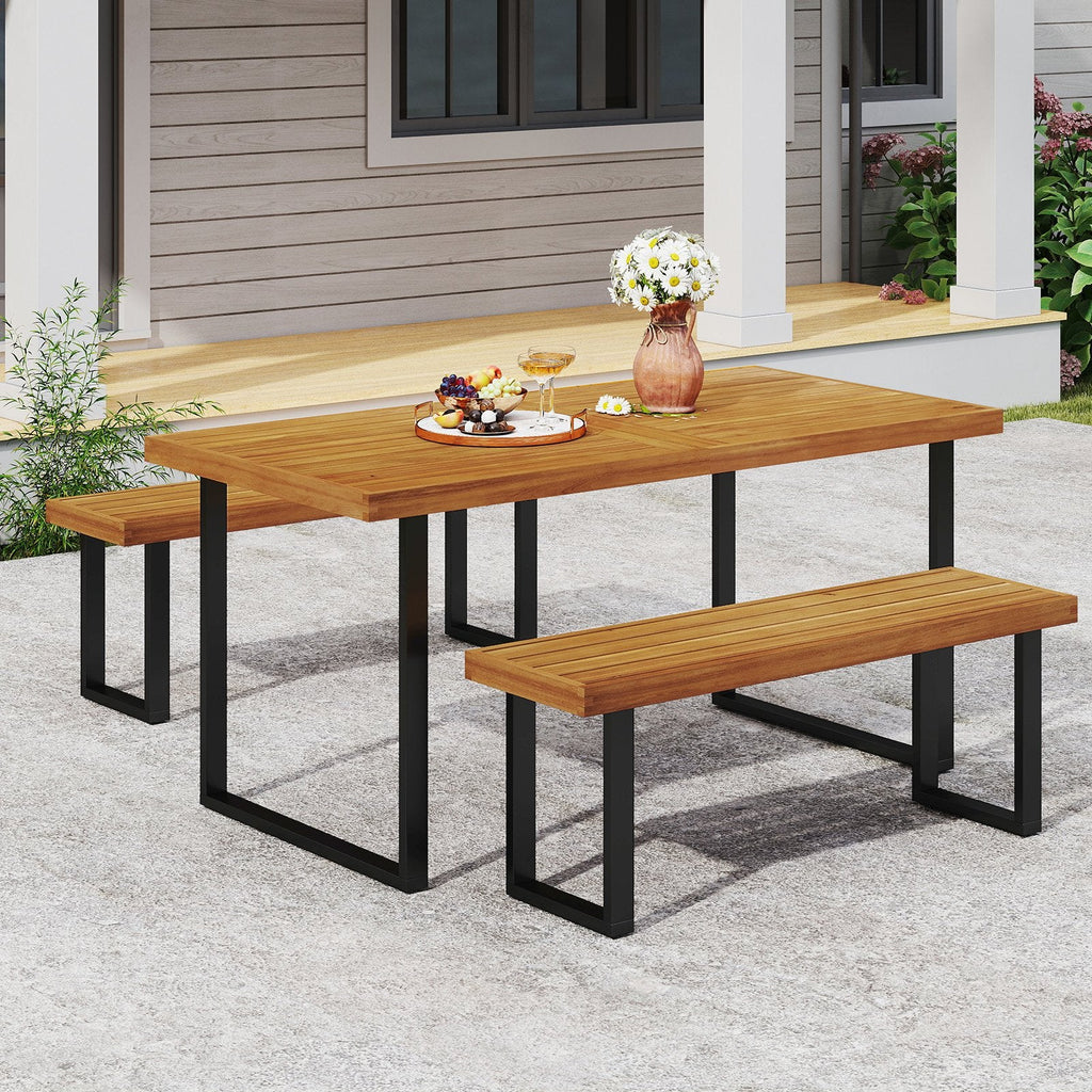 3 Piece Patio Dining Set, 63 Inch Acacia Table on U Shaped Metal Legs with 2 Backless Benches Rated 800 lb