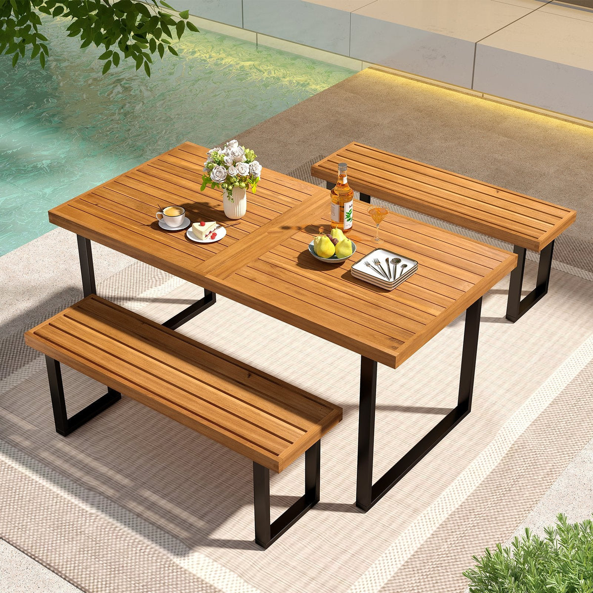 3 Piece Patio Dining Set, 63 Inch Acacia Table on U Shaped Metal Legs with 2 Backless Benches Rated 800 lb