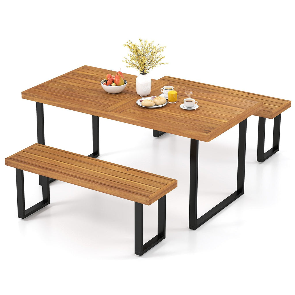 3 Piece Patio Dining Set, 63 Inch Acacia Table on U Shaped Metal Legs with 2 Backless Benches Rated 800 lb