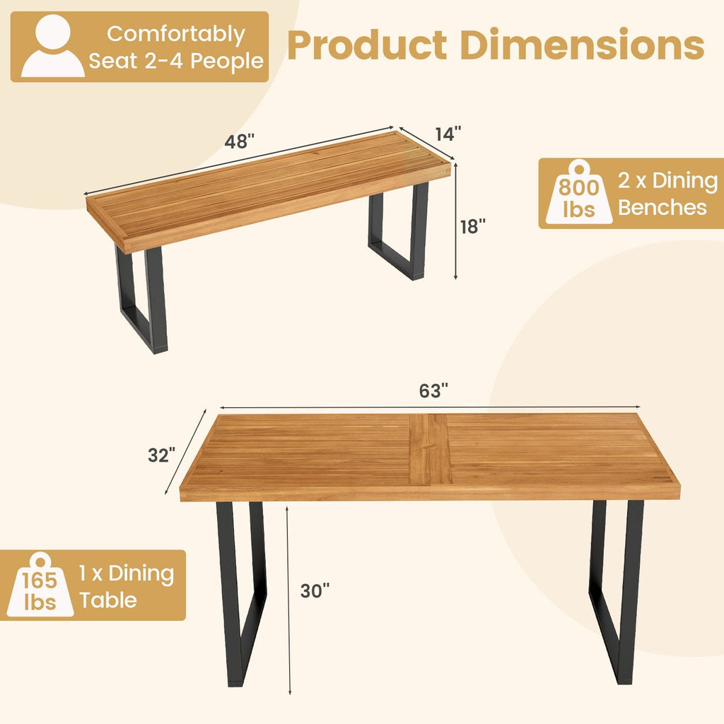3 Piece Patio Dining Set, 63 Inch Acacia Table on U Shaped Metal Legs with 2 Backless Benches Rated 800 lb