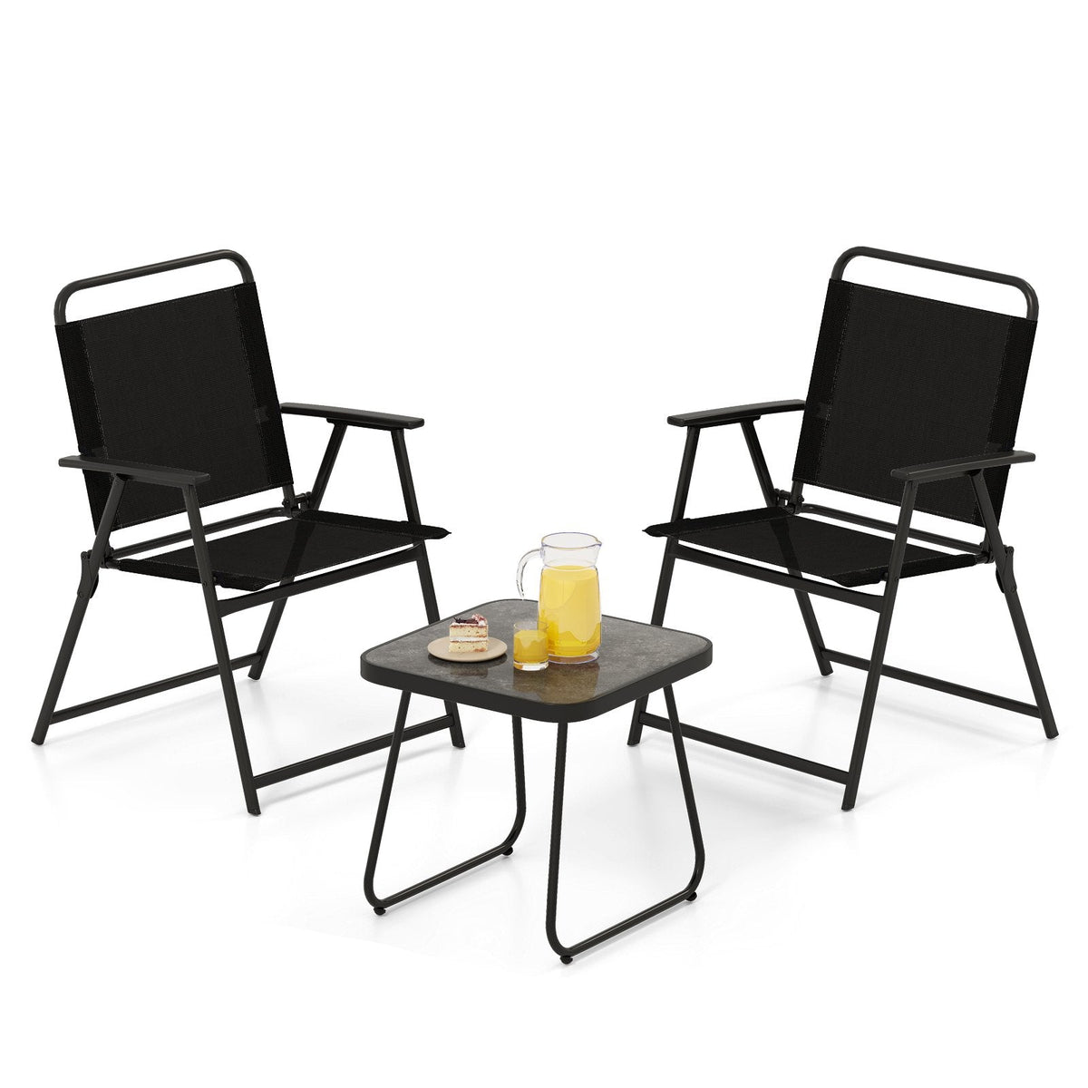 3 Piece Folding Patio Conversation Set, 2 Sling Armchairs Rated 330 lb and an 18 in Side Table, Black