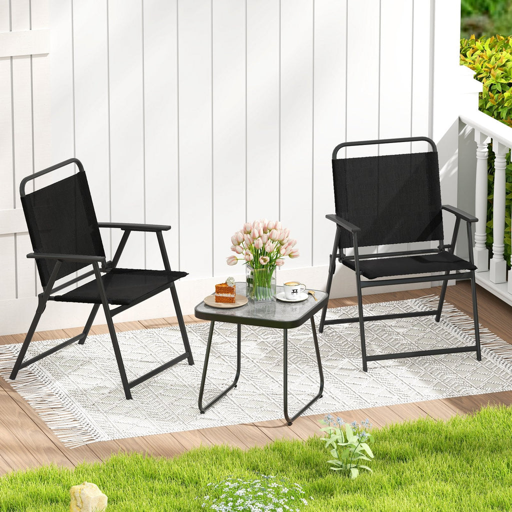 3 Piece Folding Patio Conversation Set, 2 Sling Armchairs Rated 330 lb and an 18 in Side Table, Black