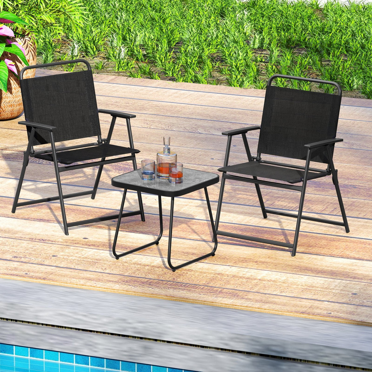 3 Piece Folding Patio Conversation Set, 2 Sling Armchairs Rated 330 lb and an 18 in Side Table, Black
