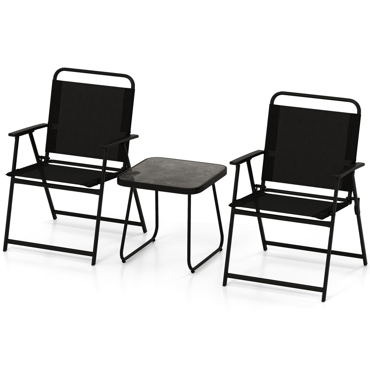 3 Piece Folding Patio Conversation Set, 2 Sling Armchairs Rated 330 lb and an 18 in Side Table, Black